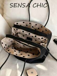 Tote Bag With Polka Dot Print Lining, Wrinkle-Resistant And Durable, Large Capacity For Books And Laptop, Zipper + Open Top Dual Closure, Minimalist Korean Relaxed Style Tote Bag, Suitable For Students, Commuting, Shopping, Travel, Versatile Everyday Handbag For Women - Black - View 7