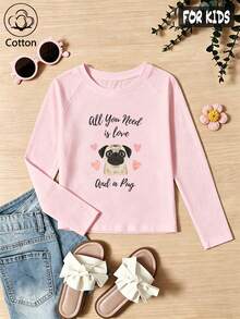 Girls Cotton Raglan Long Sleeve T-Shirt, Autumn Winter, Cuffed Hem, 'All You Need Is Love And A Pug' Print Featuring Pug, Sweet Girly Preppy Style - Baby Pink - View 3