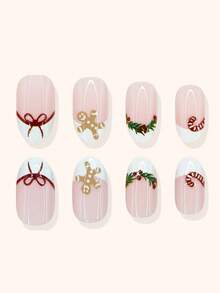 24pcs Short Oval False Nails, Christmas French-Style Gingerbread Man Bow Holly Candy Cane White Press-On Nails. Full Coverage, Removable, Suitable For Parties, Dances, Or Everyday Wear. - Multicolor - View 3