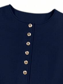Round Neck Metal Button Short Wool Blazer, Long Sleeve Cuff Button Decor Patch Pocket Wool Short Coat, Elegant Autumn/Winter Outerwear, Suitable For Business Commute, Evening Party, Shopping And Photography - Navy Blue - View 7