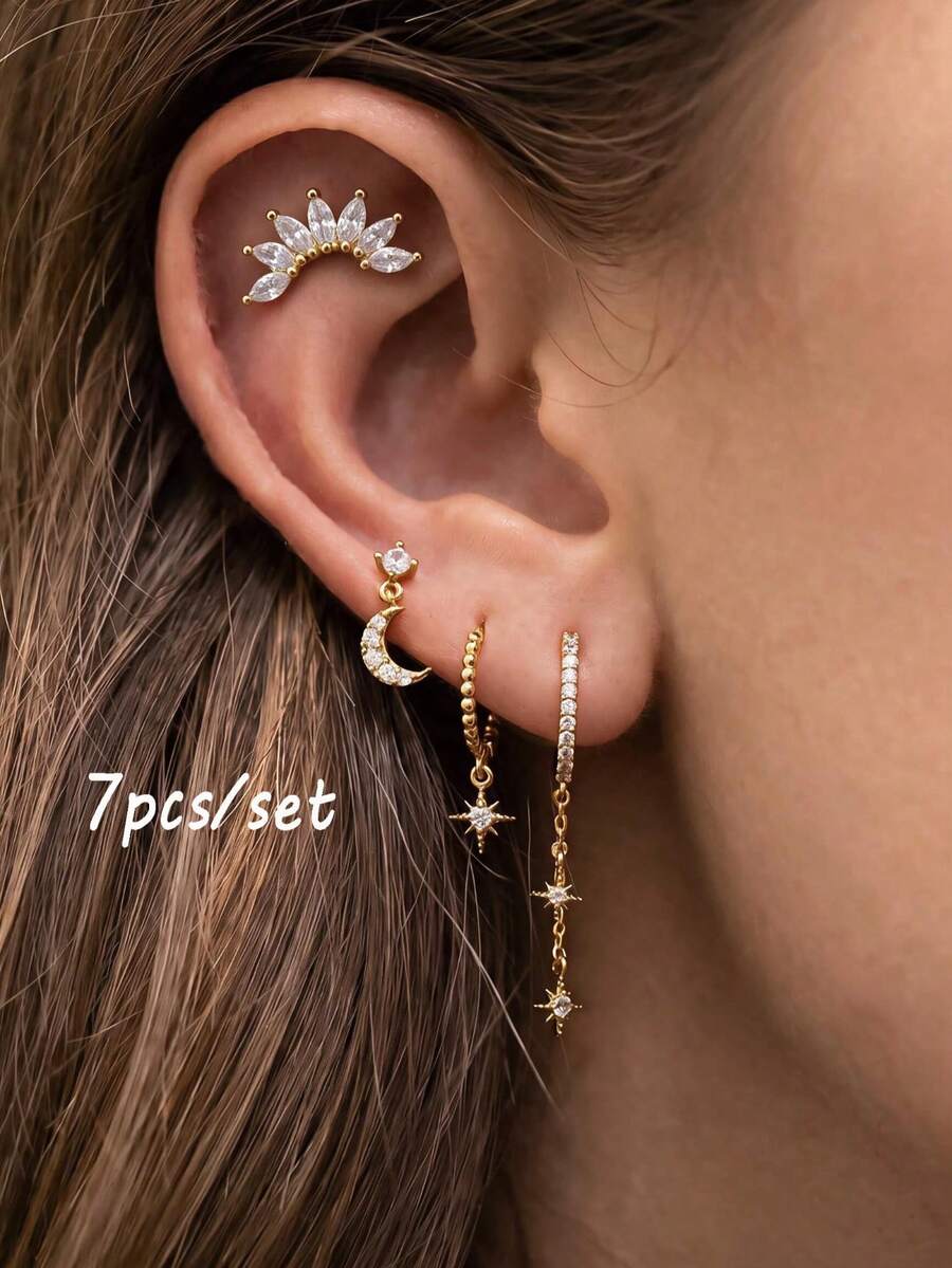 rundraw 7pcs Women's Earring Set, Gold Copper Material, Sun & Moon CZ Inlaid Elegant Vintage Style Jewelry Set Suitable For Ball, Party, Gathering - Gold - View 1