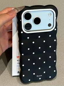 1pc Cute Bear Ear Wavy Bread Phone Case, Matte Black & White Polka Dot Soft Shockproof Protective Shell, Down Jacket Texture With Bonne Letter Print, Silver Large Camera Frame, Compatible With IPhone 18 Pro Max, 17, 16 Pro, 15 Pro, 14 Pro, 13, 12, 11 - Black - View 1