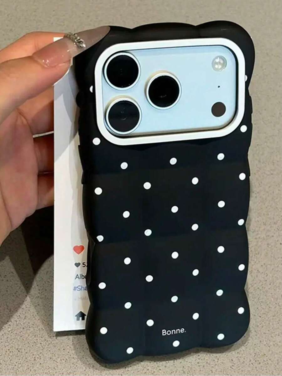 1pc Cute Bear Ear Wavy Bread Phone Case, Matte Black & White Polka Dot Soft Shockproof Protective Shell, Down Jacket Texture With Bonne Letter Print, Silver Large Camera Frame, Compatible With IPhone 18 Pro Max, 17, 16 Pro, 15 Pro, 14 Pro, 13, 12, 11 - Black - View 1