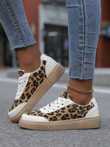 Women's Leopard Print Canvas Sneakers, Lace-Up Thick Sole Casual Skate Shoes - White - View 1