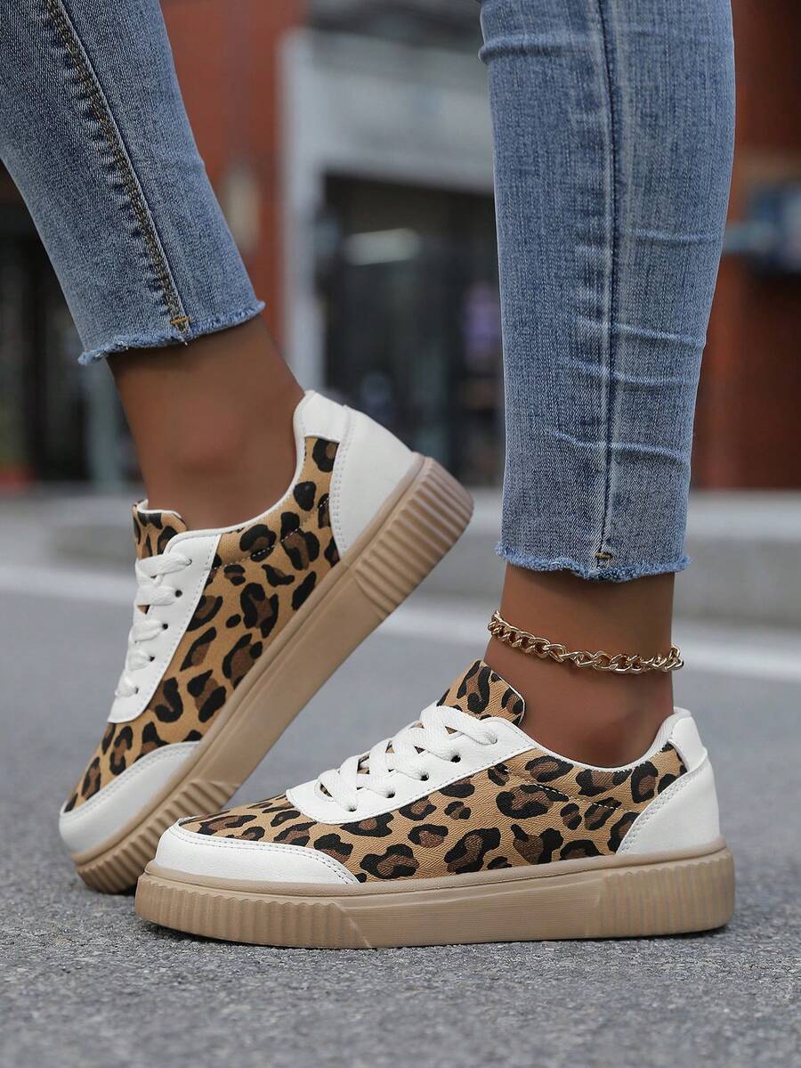 Women's Leopard Print Canvas Sneakers, Lace-Up Thick Sole Casual Skate Shoes - White - View 1