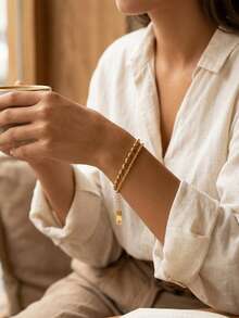 RAYQUEEN 1pc Stainless Steel Double Layer Chain Fashion Bracelet For Women Suitable For Daily Wear - Gold - View 3