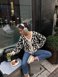 Women's Fashion Leopard Print Cardigan Long Sleeve V-Neck Tie Ribbed Knit Sweater For Look - Apricot - View 4