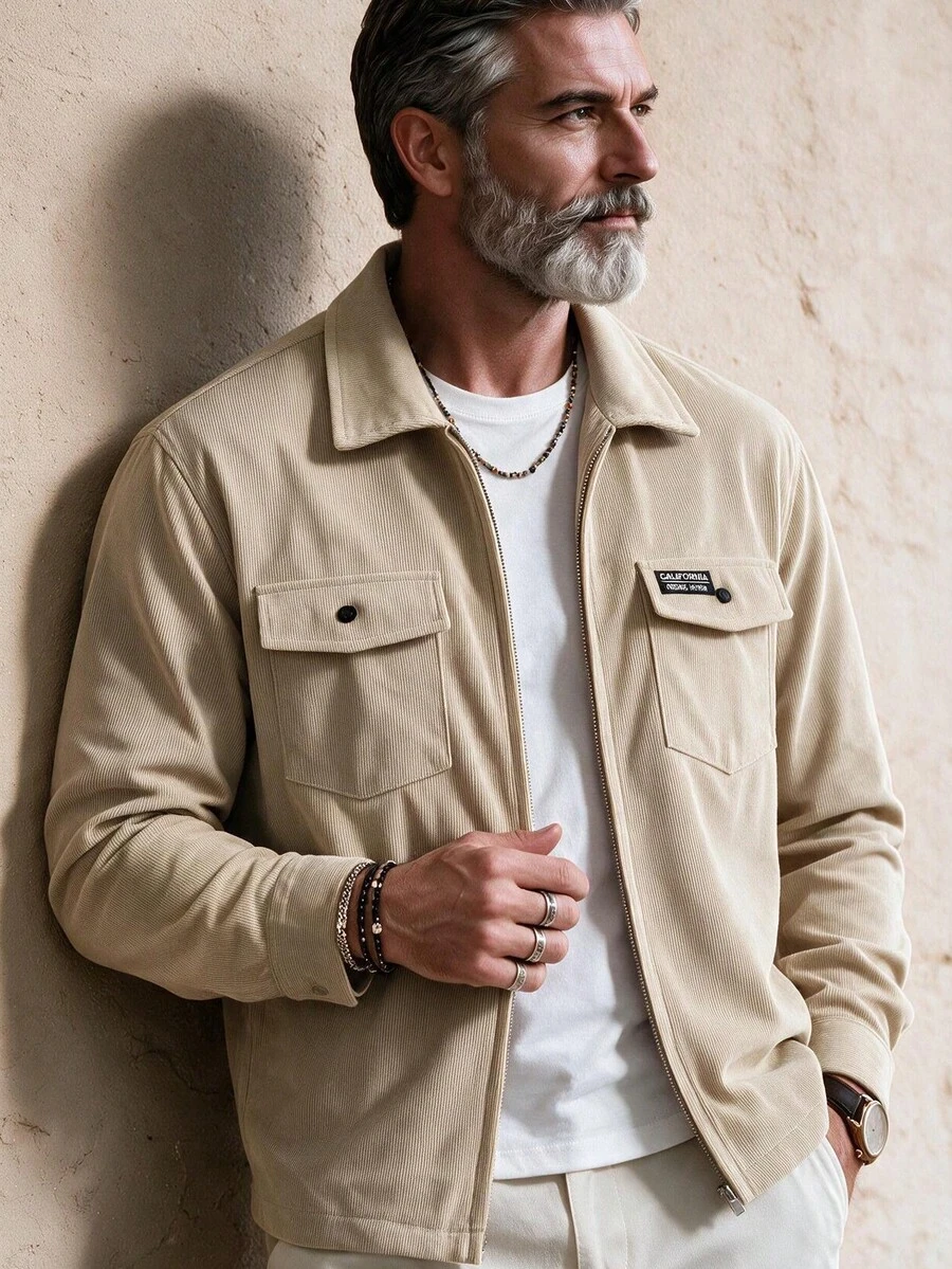 GOLDREDY Spring/Autumn New Men's Corduroy Zipper Shirt Jacket, Vintage Fine Striped Corduroy Double Pocket Patch Logo Loose Lapel Workwear Casual Long Sleeve Shirt Jacket - Khaki - View 1