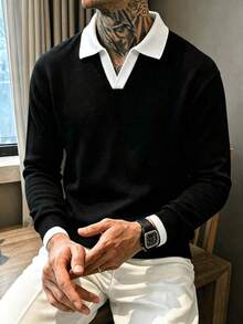 Black And White Contrast Collar Knit Polo Shirt Men's Slim Fit Soft Knit Long Sleeve Base Layer Top - Black - View 1