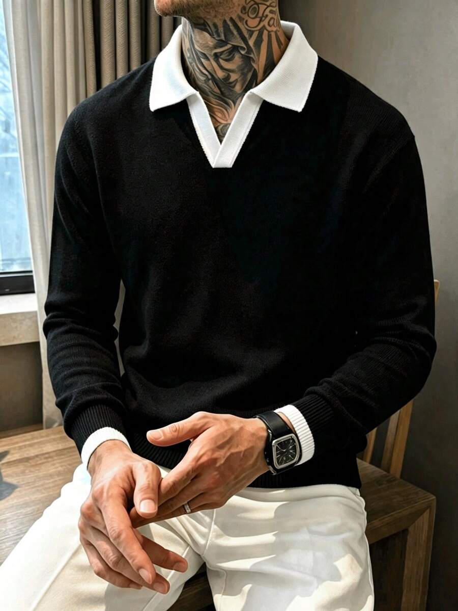Black And White Contrast Collar Knit Polo Shirt Men's Slim Fit Soft Knit Long Sleeve Base Layer Top - Black - View 1