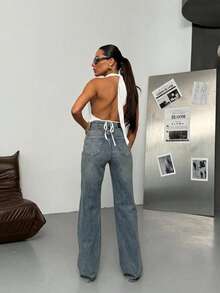 SQUALO Dark Blue Denim Pants With Double Button Detail - Blue and White - View 4