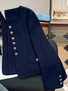 Round Neck Metal Button Short Wool Blazer, Long Sleeve Cuff Button Decor Patch Pocket Wool Short Coat, Elegant Autumn/Winter Outerwear, Suitable For Business Commute, Evening Party, Shopping And Photography - Navy Blue - View 6
