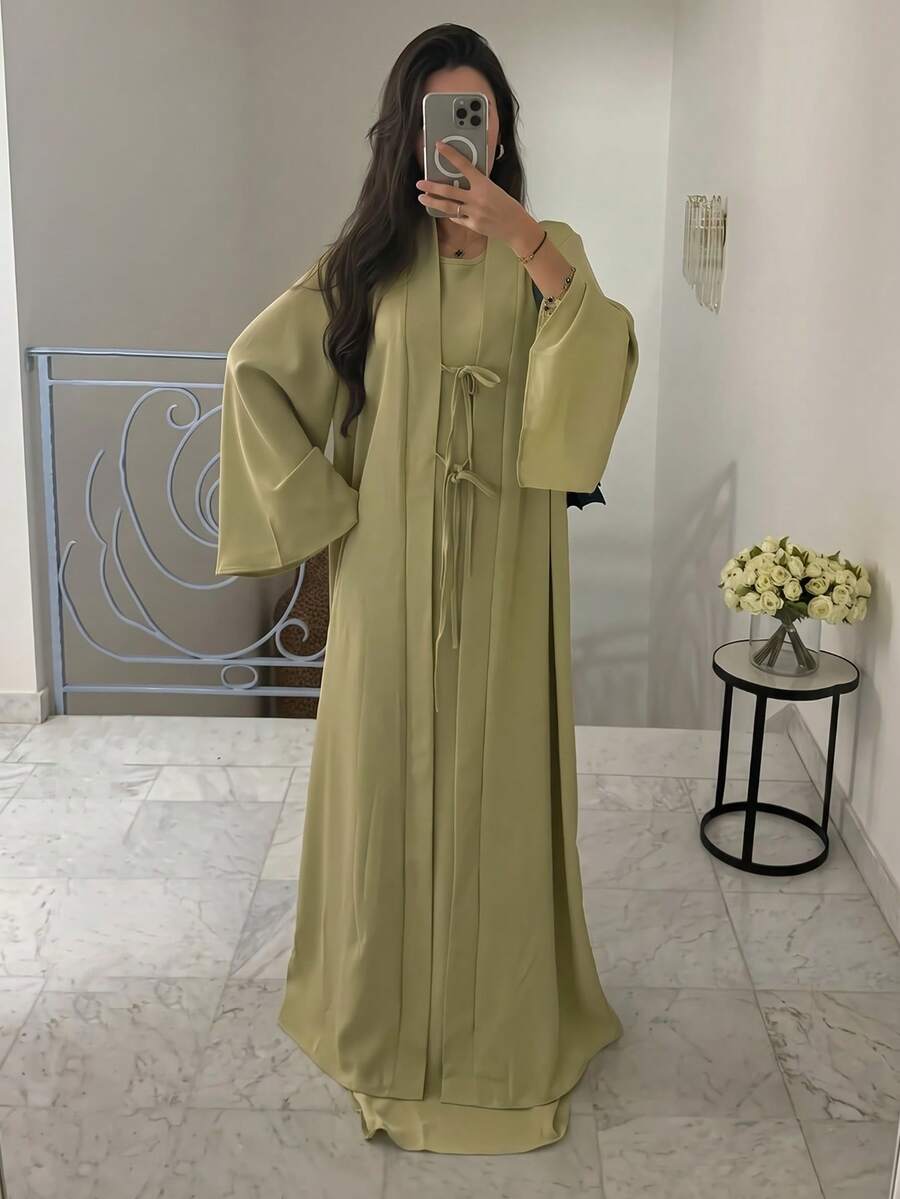 女款優雅無袖長袍與蝴蝶結長版開襟衫兩件套 春秋款 - 綠色 - 查看 1