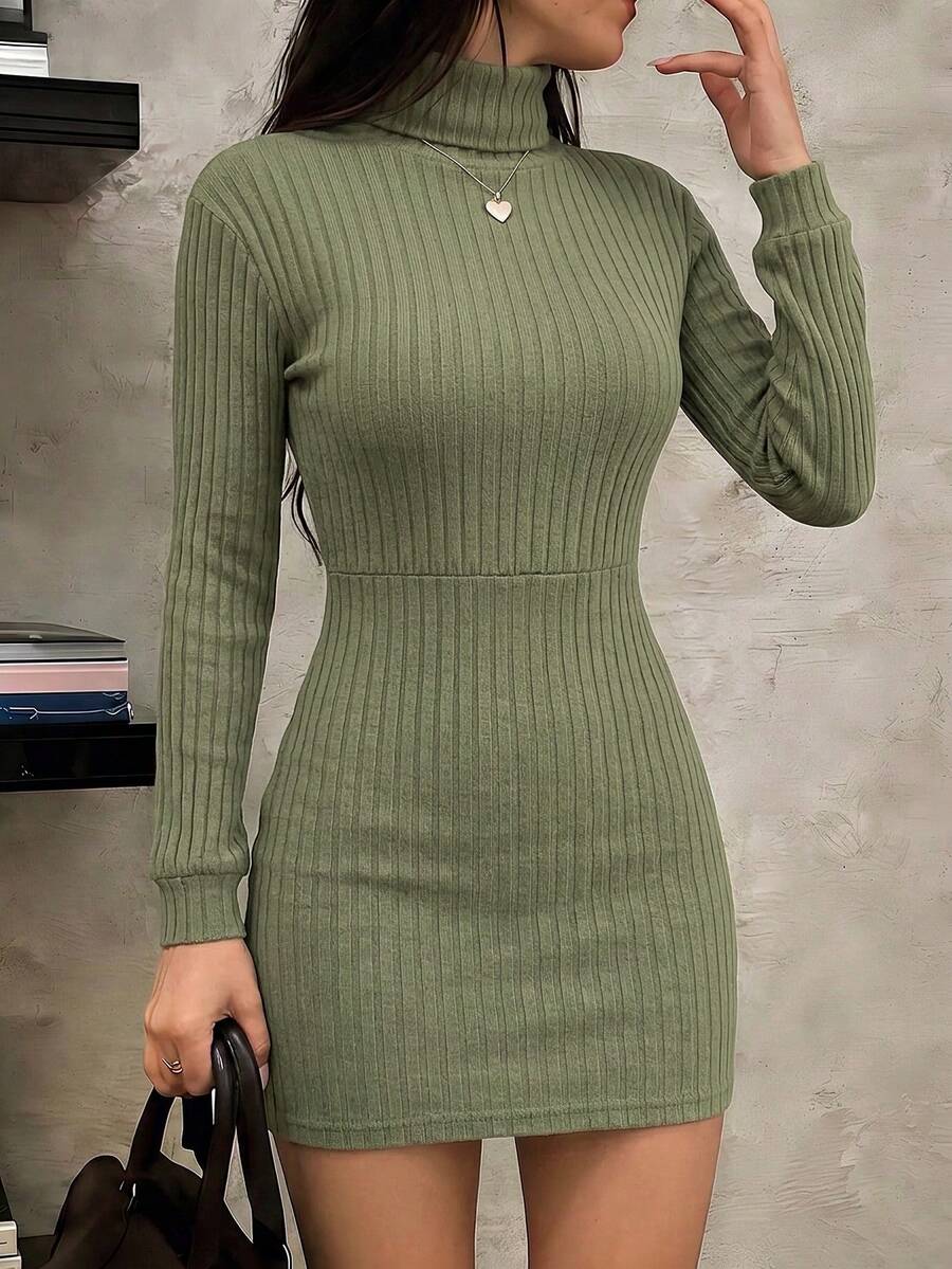 Vellofy Gaun Mini Rajut Bergaris Hijau Army Musim Gugur Musim Dingin untuk Wanita, Leher Tinggi, Lengan Panjang, Gaun Bodycon Berkerut untuk Kencan Sehari-hari, Perjamuan, Pesta, dan Acara Kumpul-kumpul. - Hijau - View 1