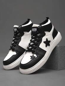 Men's Youthful Style High-Top Black & White Star Design Casual Sports Shoes Suitable For Daily Wear And Everyday Use - Black and White - View 3