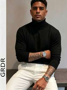 GRDR Men's Regular Shoulder Long Sleeve Turtleneck Sweater, Versatile Daily Wear Knitwear - Black - View 8