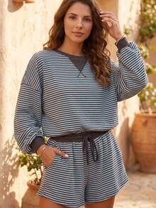 Acelitt Spring/Summer Casual Striped Print Loose Long Sleeve Top & Shorts Set, Waffle Knit Loungewear - Multicolor - View 1