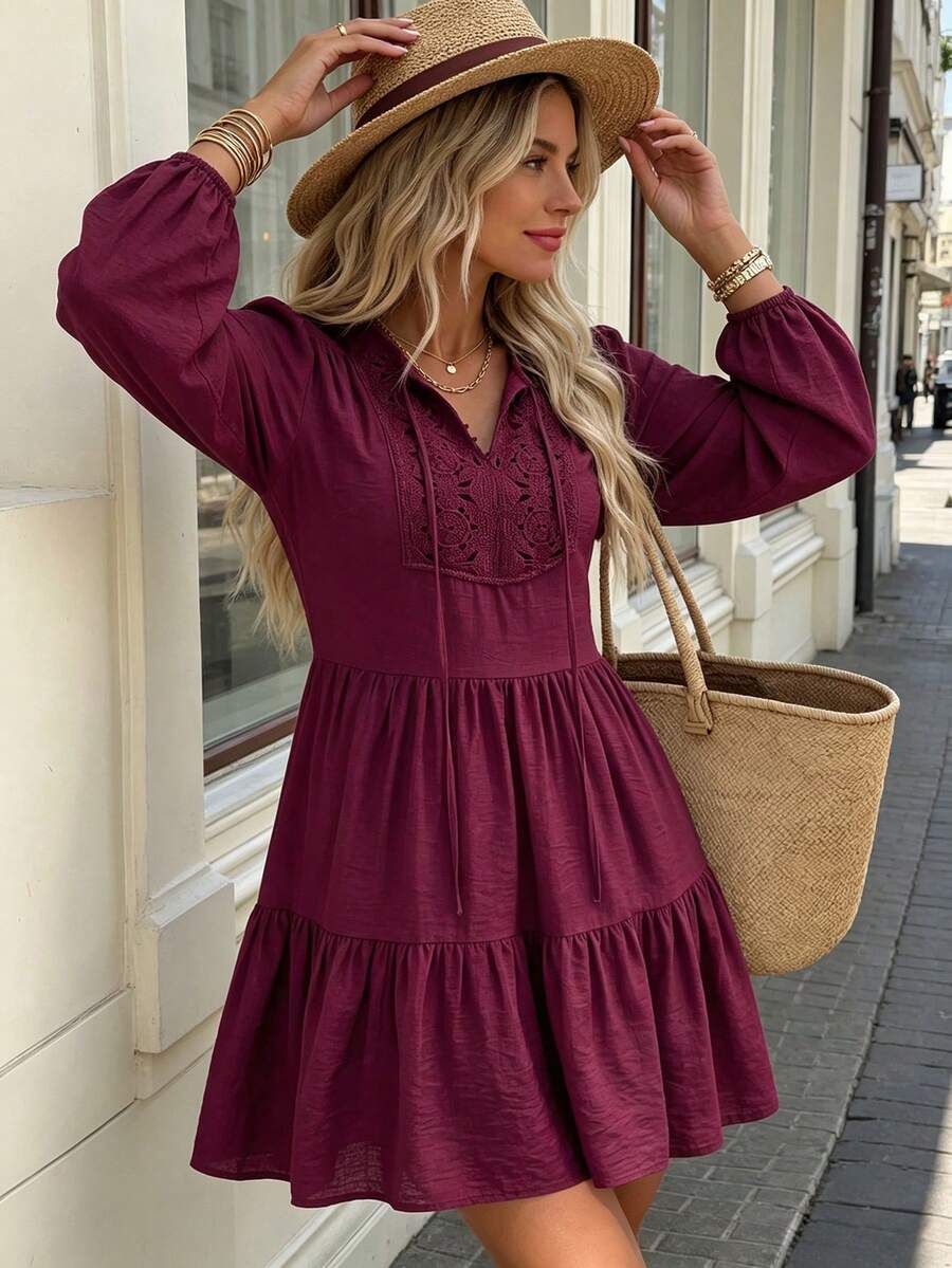 Rusttydustty Women's Red Vintage Bohemian Doll Dress, Lace Patchwork Design, Lantern Long Sleeves, Suitable For Daily Autumn Outings, Suitable For Halloween - Burgundy - View 1