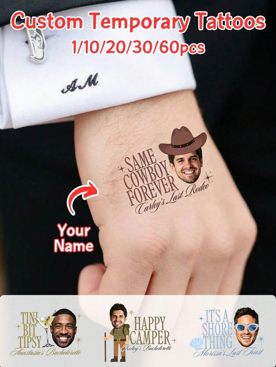 1/10/20/30/60Pcs Custom Temporary Tattoos, Personalized Bachelorette Party Tattoos With Photo Text, Customized Waterproof Temporary Tattoo Stickers For Bridal Shower Bachelorette Party Favors Decor Gift - Multicolor - View 1