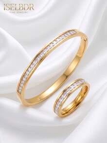 2pcs/Set 18K Gold Plated Stainless Steel Bracelet And Ring Set, Rectangular Cut Cubic Zirconia Channel Inlay Bracelet And Eternity Ring, Waterproof Anti-Oxidation Luxury Jewelry, Women's Gift - Gold - View 5