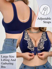 mimilemon Plus Size Wireless Front Closure Bra, Floral Lace Comfortable Breathable Push-Up Bra, Wide Strap Support Wire-Free Women's Everyday Bra - Blue - View 5