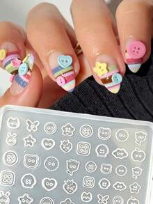 1Pc Cute Button Silicone Nail Art Mold, 3D Cartoon Cat Rabbit Apple Star Button Flower Butterfly Multi‑Pattern Nail Carving Template Reusable Clear 3D Embossed Resin Casting Template For DIY UV Gel Nail Charms Salon Home Manicure Decorations - Clear - View 3