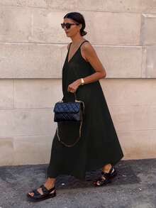 Women's Solid Color Pleated Side Slit Casual Loose Camisole Dress Party Black Elegant Summer - Black - View 3
