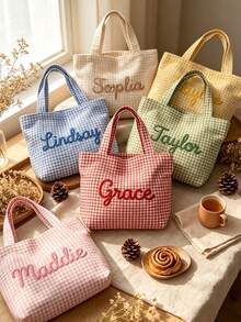 Personalized Gingham Tote Bag,Custom Name Canvas Bag,Bridesmaid Gift Bag, Gift For Her - Multicolor - View 3