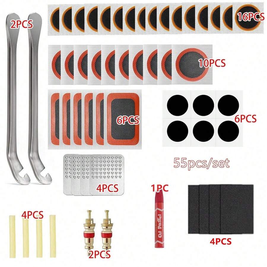1 Set Of 55-Piece High-Quality Bicycle Tire Repair Tool Kit: Equipped With Various Tools, Including Durable Vulcanized Patches And Metal Sanding Discs, For Quick Repair Of Punctures, Suitable For All Bicycles, Including Motorcycles, BMX, Mountain Bikes, Road Bikes
