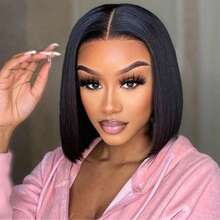 12 Inch Women's Natural Black Bob Straight Hair Wig, High Density Middle Part Style, Breathable Comfortable Voluminous, Natural Soft Smooth Look, Suitable For Cosplay And Daily Wear, Versatile Fashion Style For All Women - Black - View 3