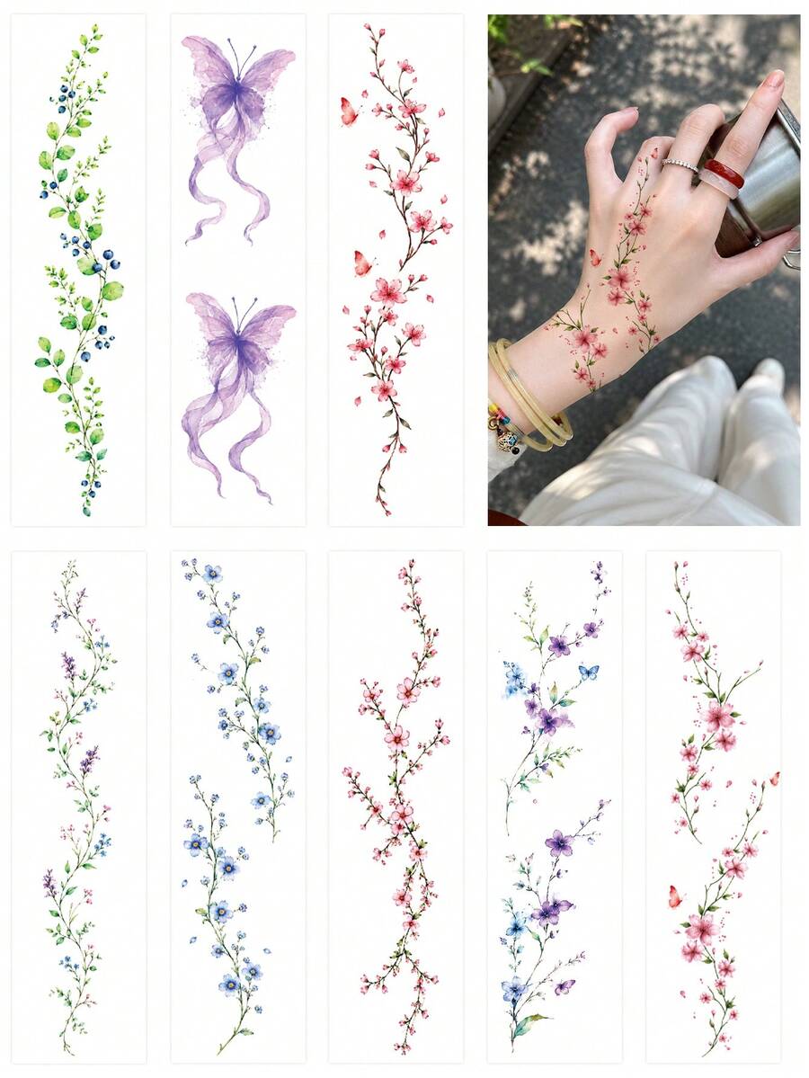 8件大尺寸植物藤蔓臨時紋身貼紙,適合女性,蝴蝶手部紋身,持久手臂紋身,臉部、手臂、胸部、腰部、腹部、腿部和足部身體貼紙,適用於戶外舞台使用 - 彩色 - 查看 1