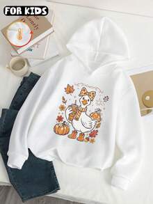 Kids Hooded Sweatshirt, Cute Duck Autumn Leaf Pumpkin Flower Graphic Print Cotton Pullover For Kids - White - View 3