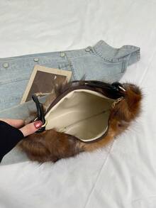 Women's Soft Fluffy Faux Fur Underarm Shoulder Bag, Metal Buckle Strap, Zipper Closure, Vintage Lazy Maillard Style, Brown Atmospheric Bag, Suitable For Shopping, Dating, Commuting And Daily Wear, Multifunctional Fashion Accessory - Brown - View 9