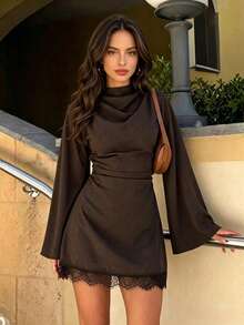 Women's Autumn Waist Pleated Slim Fit Flare Sleeve Dress, Suitable For Party, Gathering, Fallfashion, Shortgirlproblems - Brown - View 5