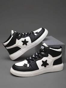 Men's Youthful Style High-Top Black & White Star Design Casual Sports Shoes Suitable For Daily Wear And Everyday Use - Black and White - View 2