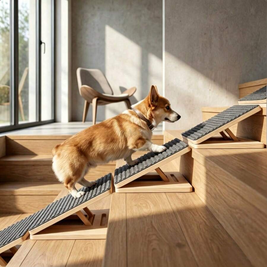 Rampa Kayu yang Dapat Diatur Ketinggiannya untuk Anjing Kecil dan Anjing Senior, Rampa Hewan Peliharaan Dalam Ruangan yang Dapat Dilipat dengan Penopang Segitiga yang Dapat Diatur Ketinggiannya dan Karpet Anti Selip, Tidak Perlu Perakitan - MultiWarna - View 1
