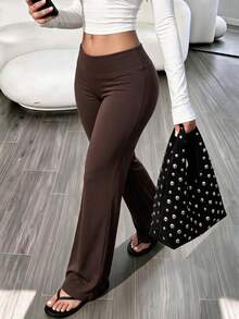 Women's Commuter Sports Elegant Modern Office Solid Color Slim Fit Flare Pants - Coffee Brown - View 4