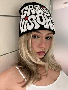 1pc Unisex Letter Spider Web Jacquard Knit Beanie, Y2K Retro Street Style, Casual Versatile Autumn/Winter Daily Wear Accessory - Pink - View 3