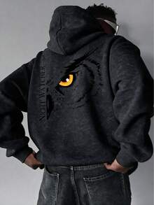 American Vintage Distressed Washed Hoodie Sweatshirt, Men's Autumn/Winter Casual Pullover Top With Large Wolf Eye Back Print - Black - View 1