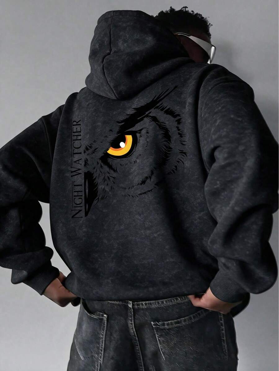 American Vintage Distressed Washed Hoodie Sweatshirt, Men's Autumn/Winter Casual Pullover Top With Large Wolf Eye Back Print - Black - View 1