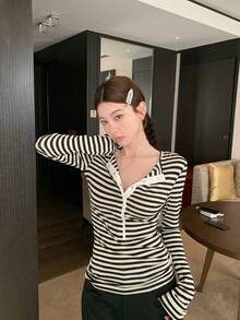 Women's Ribbed Slim Fit Half-Neck T-Shirt - Black and White Stripes - View 3
