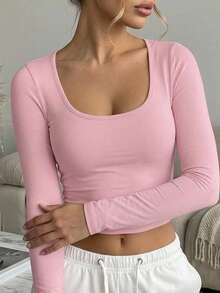 Women's Square Neck Basic PLAIN Fabric Long Sleeve Lycra Blouse - Pink - View 3