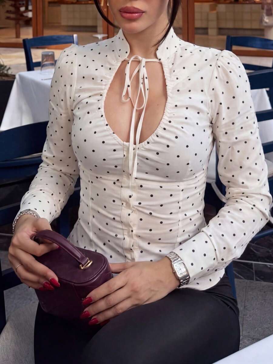 French Style U-Neck Tie Polka Dot Long Sleeve Blouse For Daily Wear, Dating And Brunch - White - View 1