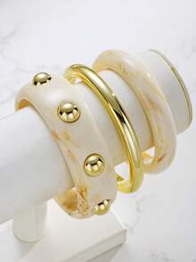(Color Difference May Occur) 5/3/1pcs Simple Fashion Exaggerated Wide Rivet Round Geometric Asymmetrical Bracelet Set For Women, Sisters, Vacation, Date, Gift, Daily Casual, Party, Wedding - Multicolor - View 11