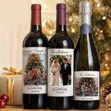 Custom Christmas Wine Bottle Labels, Personalized Photo & Text Gift Stickers For Holiday Party Decor, Festive Bottle Label For Xmas Dinner, Customized Picture Family Wine Tags, Customizable Seasonal Gift Labels, Christmas Gift Idea, Family Gift - Style a - View 3