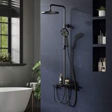 25cm Rainfall Shower System With Round Overhead Shower Head, Adjustable Stainless Steel Column & Shelf – Wall-Mounted, No Faucet Required - Black - View 1