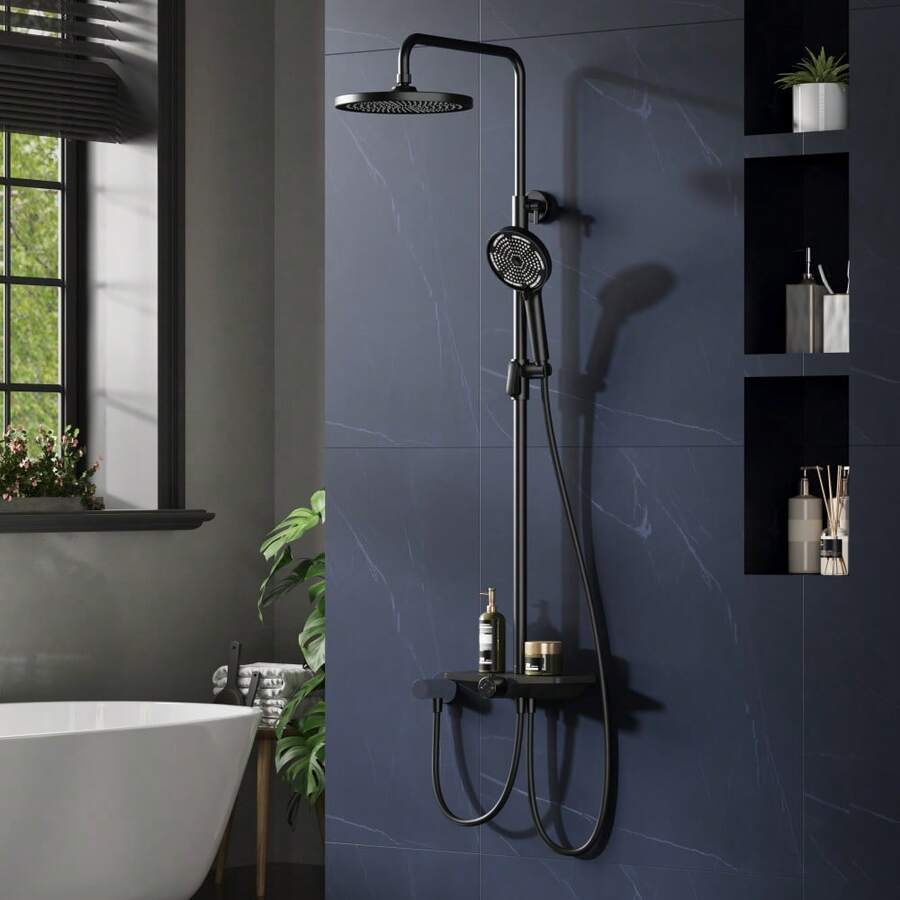 25cm Rainfall Shower System With Round Overhead Shower Head, Adjustable Stainless Steel Column & Shelf – Wall-Mounted, No Faucet Required - Black - View 1
