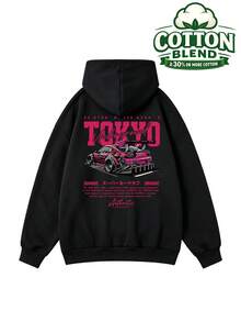 女款秋冬新款簡約Ins風橘色跑車字母印花休閒時尚百搭保暖內裡衛衣 - 黑色 - 查看 4