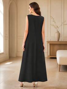 Solid Color Pearlescent Round Neck Sleeveless Minimalist Casual Tank Dress - Black - View 3