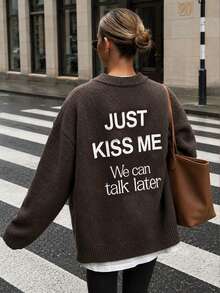 Women's Autumn/Winter New Fashion Letter Print Casual Loose Versatile Brown Sweater - Brown - View 1